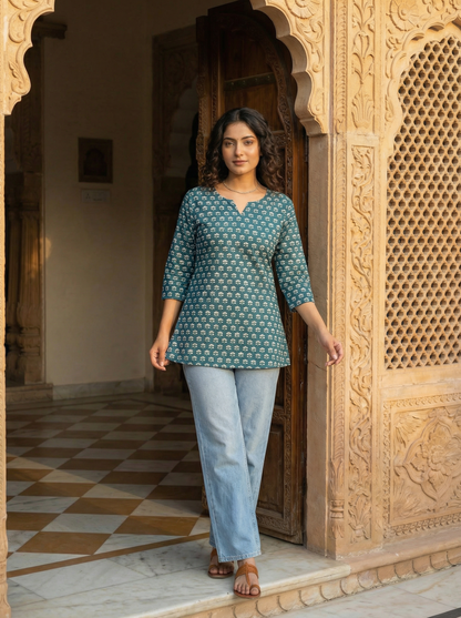 Teal Lotus Butti premium Cotton Short Kurti