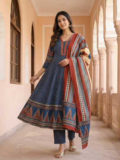 Indigo Ajrakh Anarkali Suit Set | 100% Pure Cotton Printed | Flared Anarkali Kurti + Straight Pant + Dupatta | 3-Piece Set