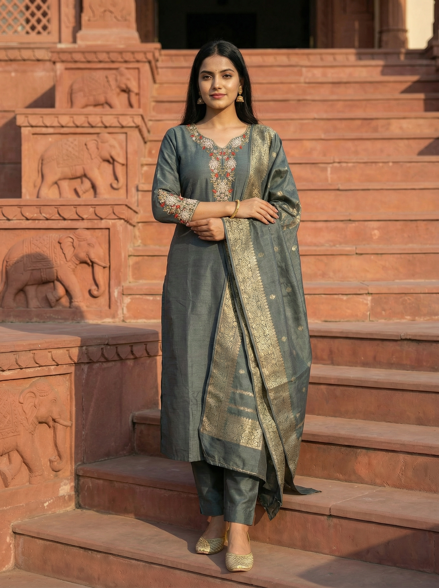 Pure Banarasi Silk Suit Set in Deep Teal Grey with Zardozi Embroidery & Rich Banarasi Dupatta – Set of 3 Pieces