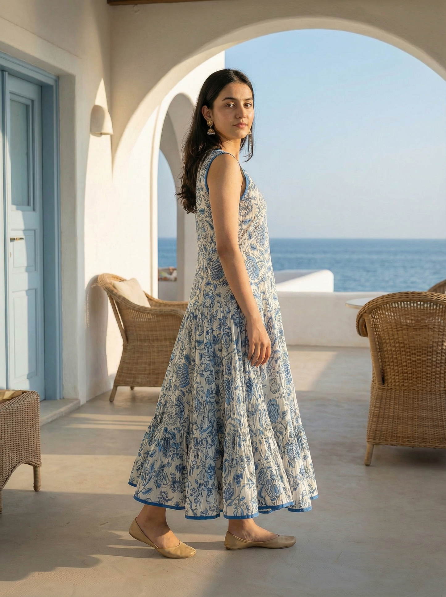 Soft Cambric Cotton Hand Block Floral Print Anarkali Kurti with Heavy Flare