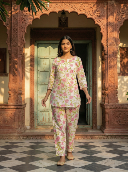 Ivory White Pure Cotton Floral Blush Block Print · 2-Piece Set