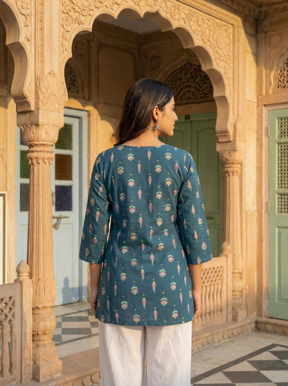 Teal Blue · Pink Tulip & Kalgi Butti · Pure Cotton · Short Kurti