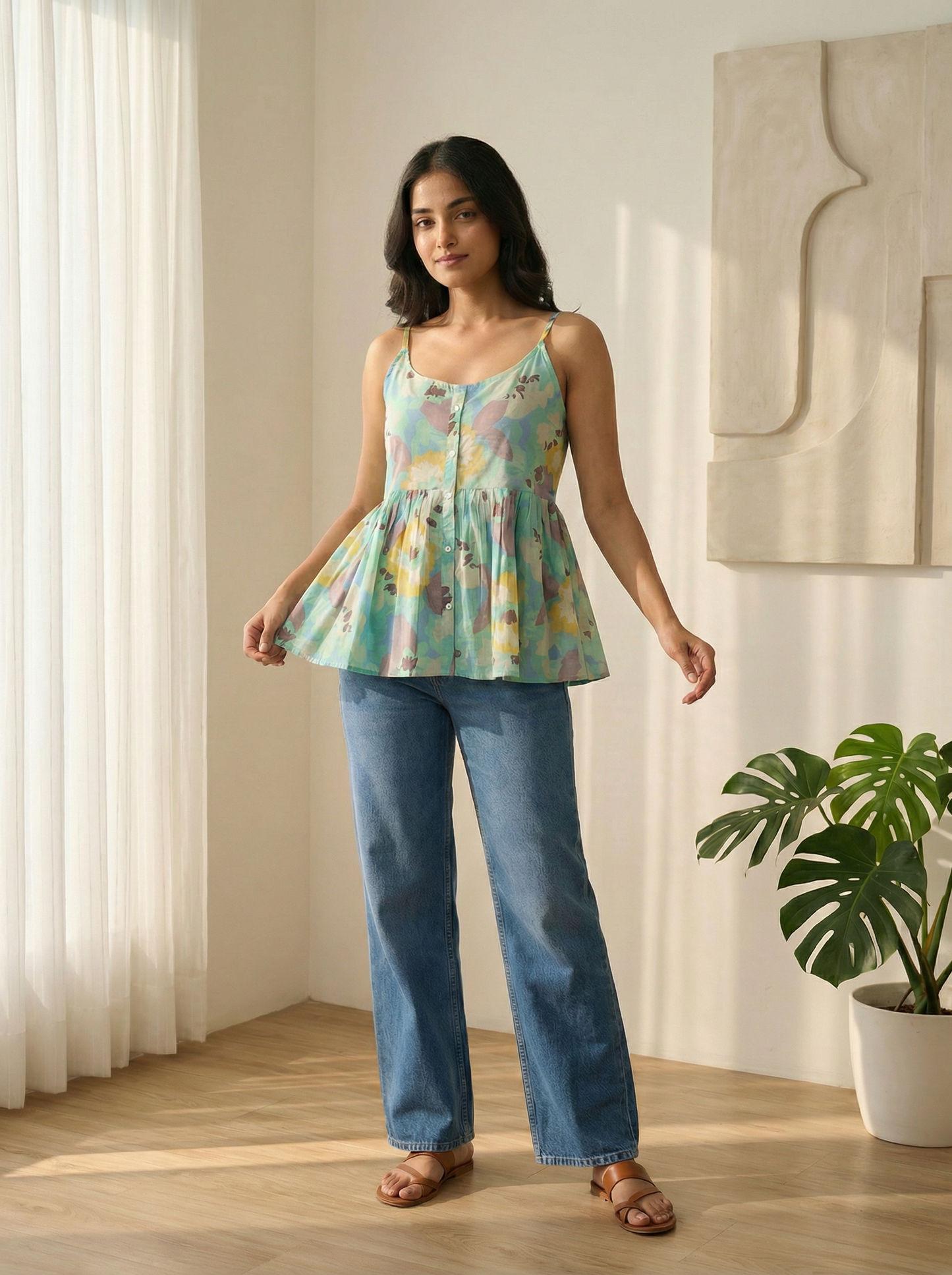 Summer Abstract Bloom Peplum Strappy Kurti Top
