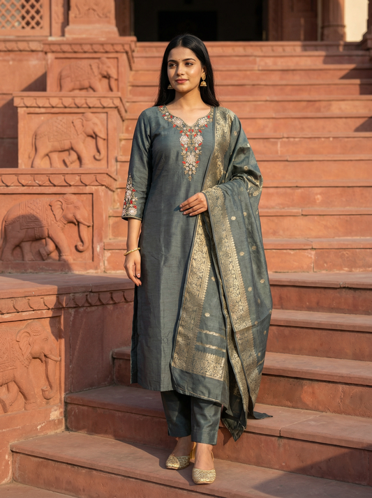 Pure Banarasi Silk Suit Set in Deep Teal Grey with Zardozi Embroidery & Rich Banarasi Dupatta – Set of 3 Pieces