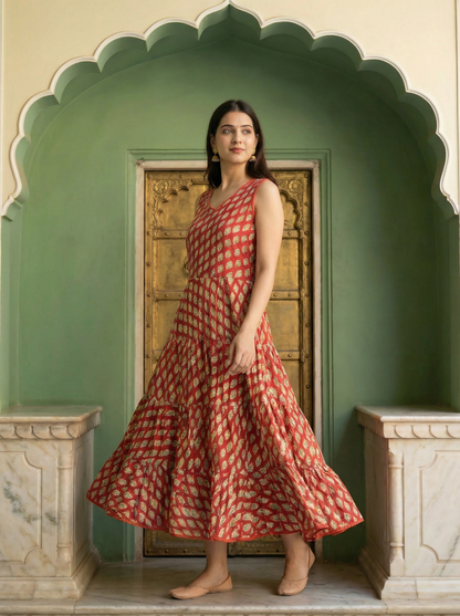 Soft Cambric Cotton Hand Block Floral Print Anarkali Kurti with Heavy Flare