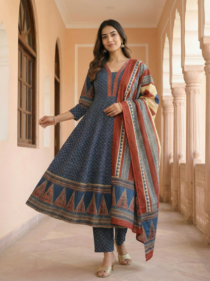 Indigo Ajrakh Anarkali Suit Set | 100% Pure Cotton Printed | Flared Anarkali Kurti + Straight Pant + Dupatta | 3-Piece Set