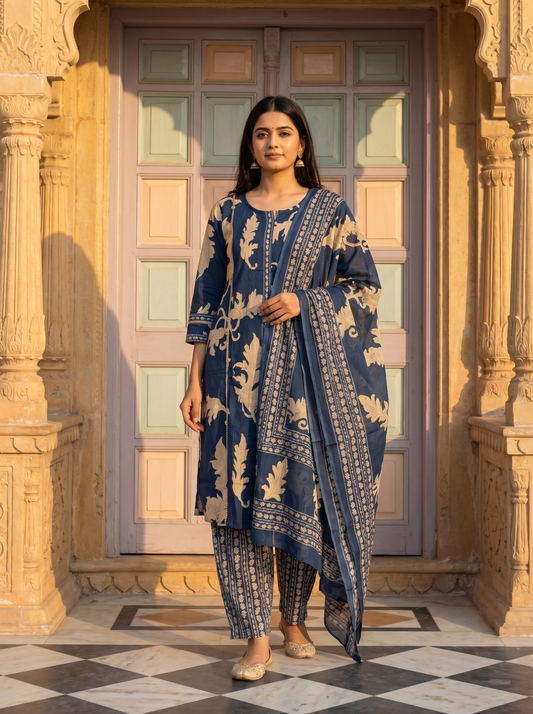 Slate Blue Gold Leaf Block Print Suit Set of 3 peices
