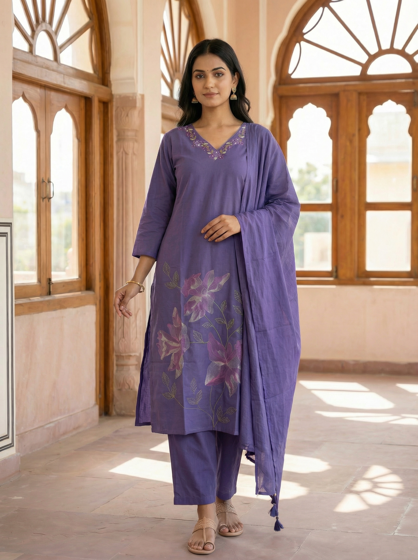 Purple Floral Embroidered Straight Suit Set | 100% Pure Cotton | Straight Kurti + Pant + Dupatta | Set of 3 Pieces