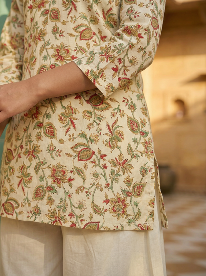 Ivory Jaal Floral Premium Cotton Short Kurti