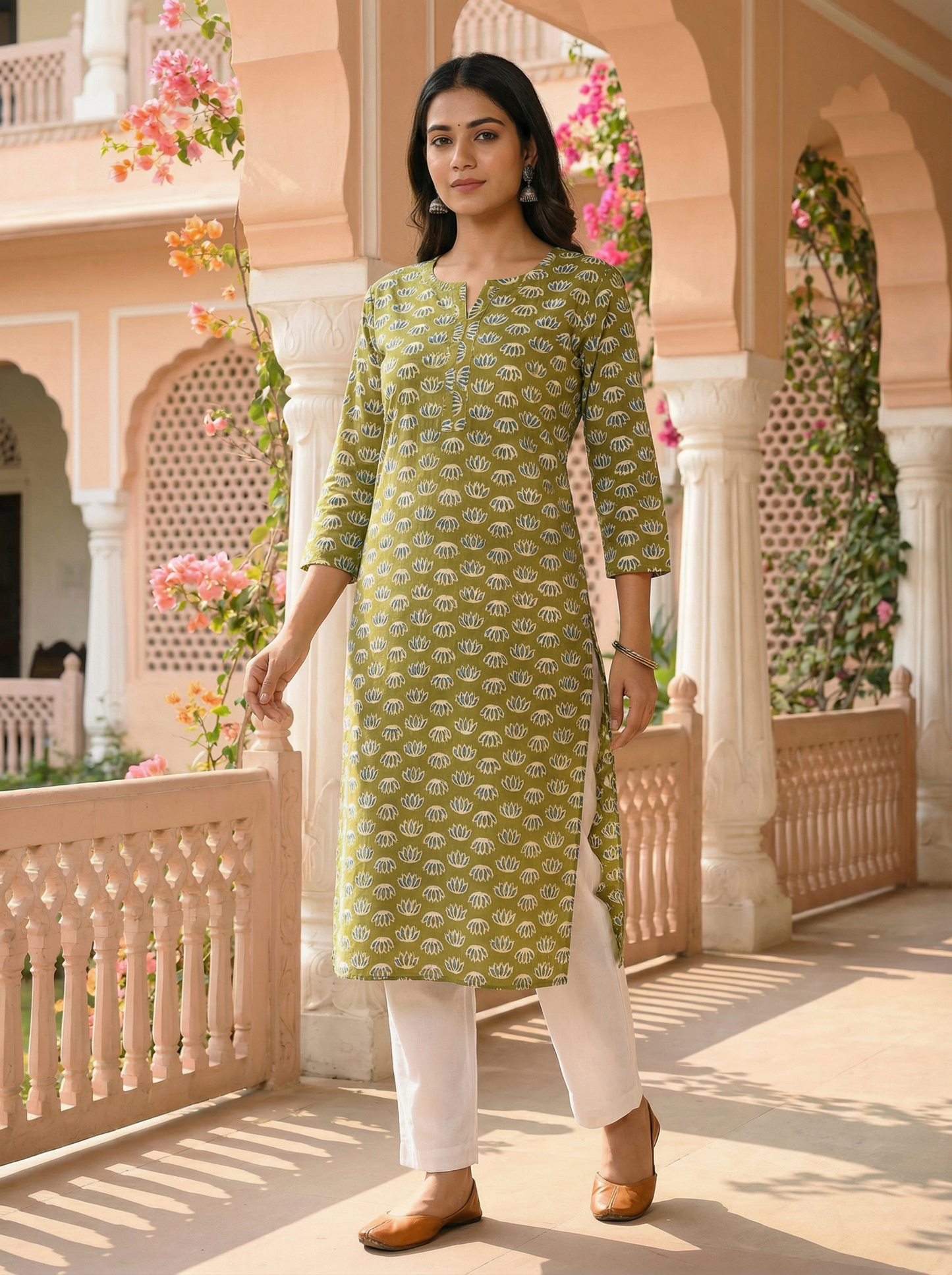 Olive Lotus Handblock Cotton Kurti