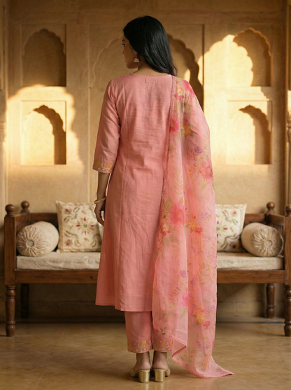 Blush Pink Embroidered Kurta Set with Floral Dupatta — 3 Piece | With front Embroidered Pockets