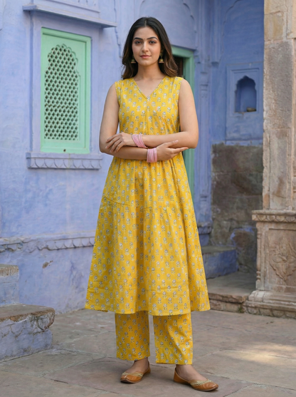 Sunshine Yellow Butti Block Print Tiered Anarkali Set