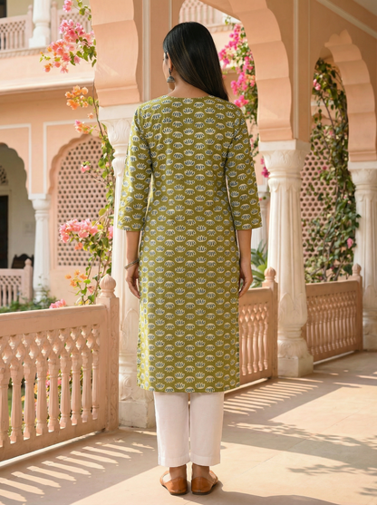 Olive Lotus Handblock Cotton Kurti