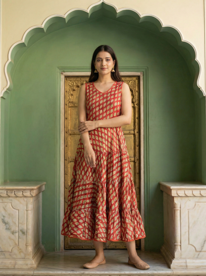 Soft Cambric Cotton Hand Block Floral Print Anarkali Kurti with Heavy Flare