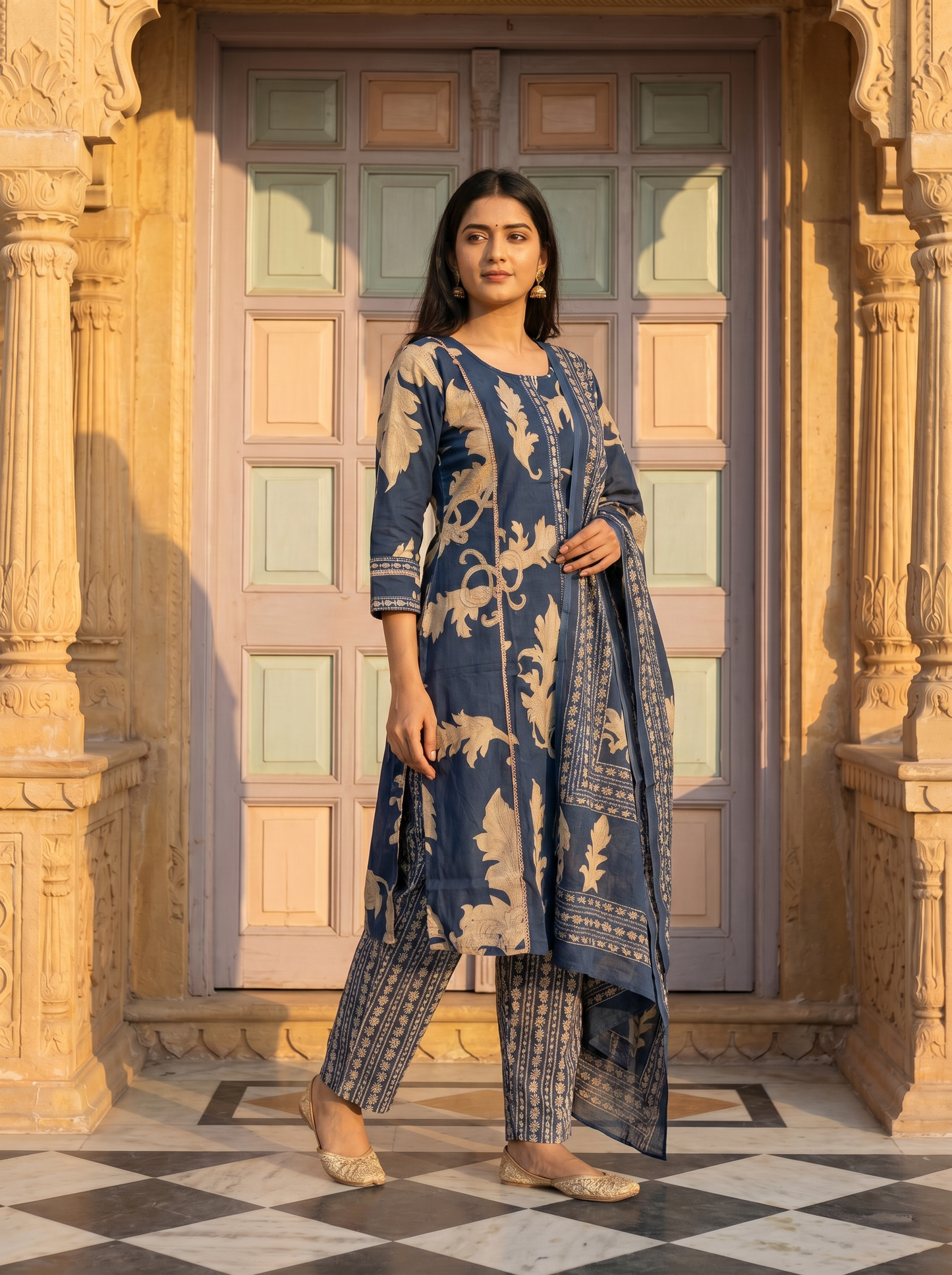 Slate Blue Gold Leaf Block Print Suit Set of 3 peices