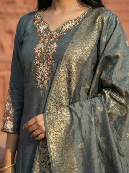 Pure Banarasi Silk Suit Set in Deep Teal Grey with Zardozi Embroidery & Rich Banarasi Dupatta – Set of 3 Pieces
