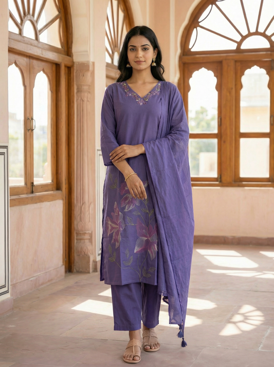 Purple Floral Embroidered Straight Suit Set | 100% Pure Cotton | Straight Kurti + Pant + Dupatta | Set of 3 Pieces