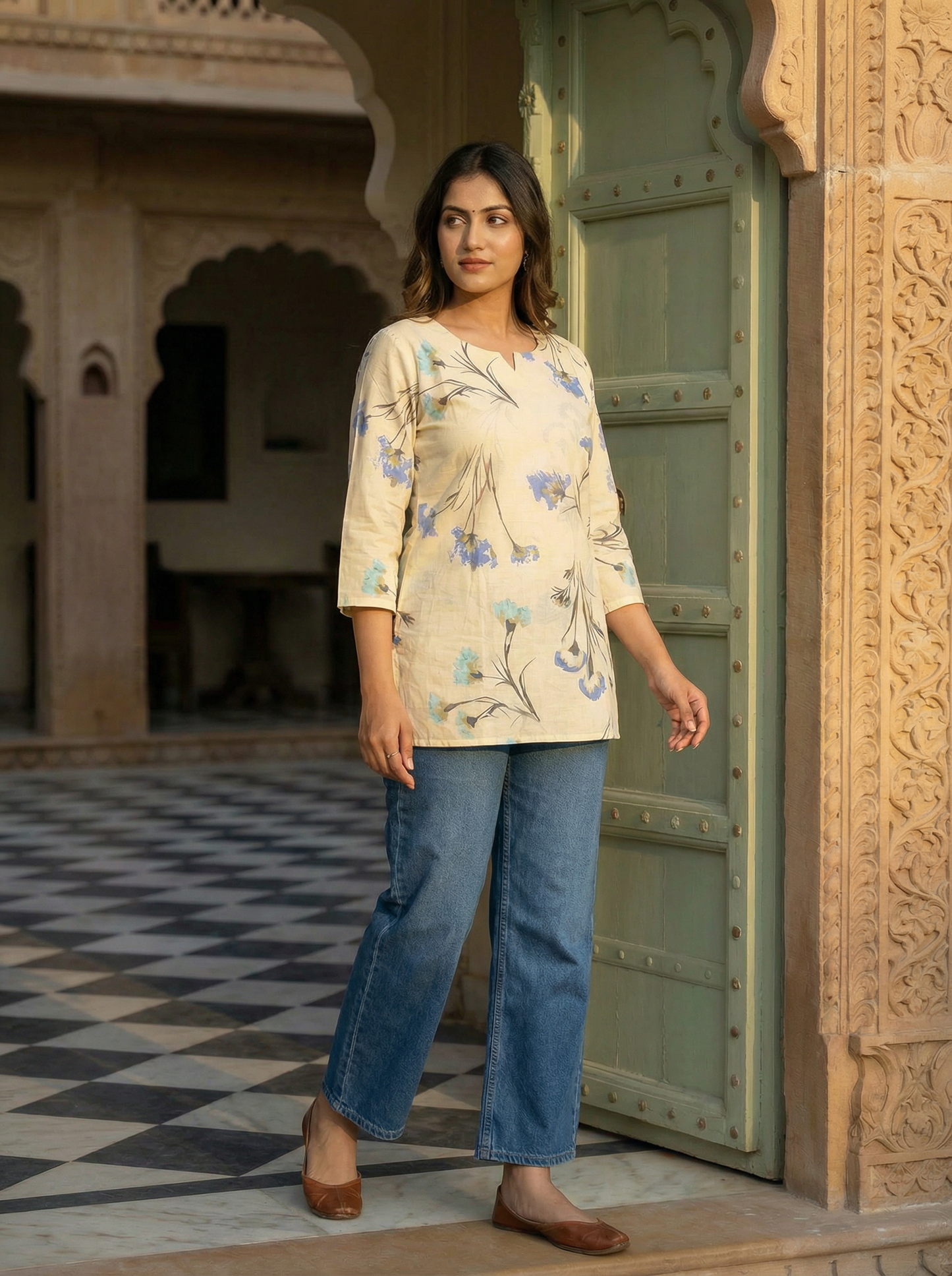 Premium Cotton Flower Sketch Short Kurti