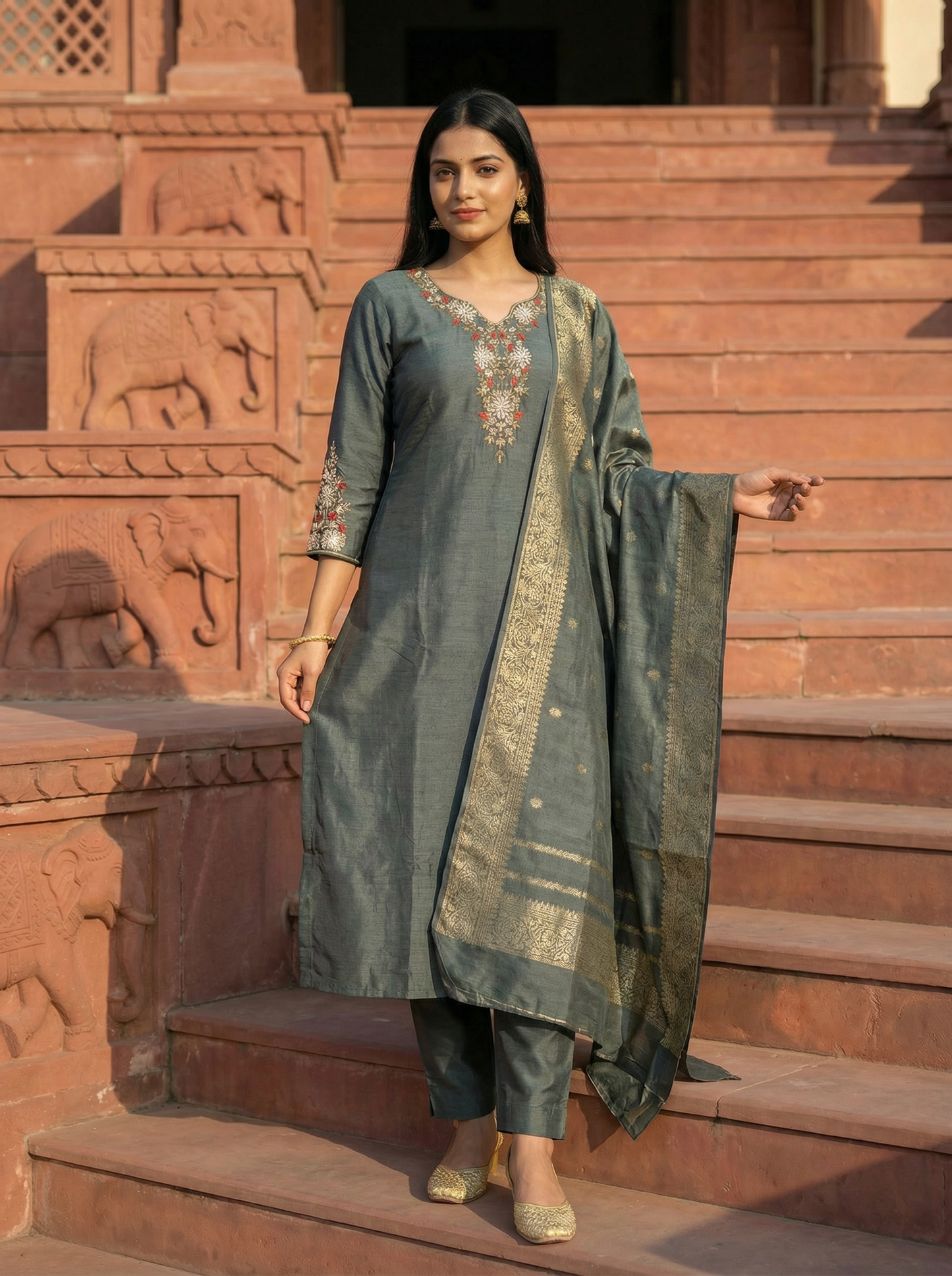 Pure Banarasi Silk Suit Set in Deep Teal Grey with Zardozi Embroidery & Rich Banarasi Dupatta – Set of 3 Pieces