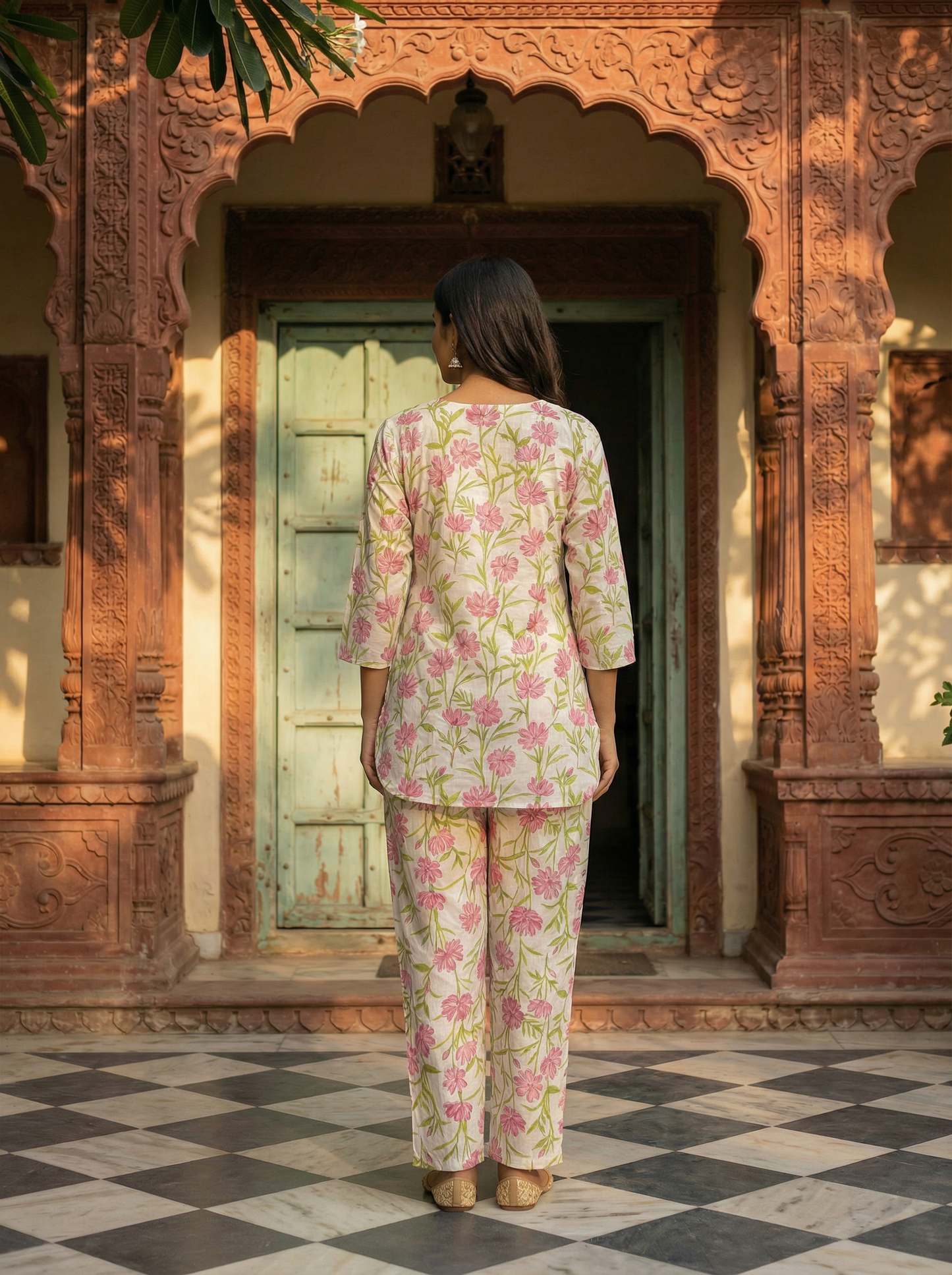 Ivory White Pure Cotton Floral Blush Block Print · 2-Piece Set