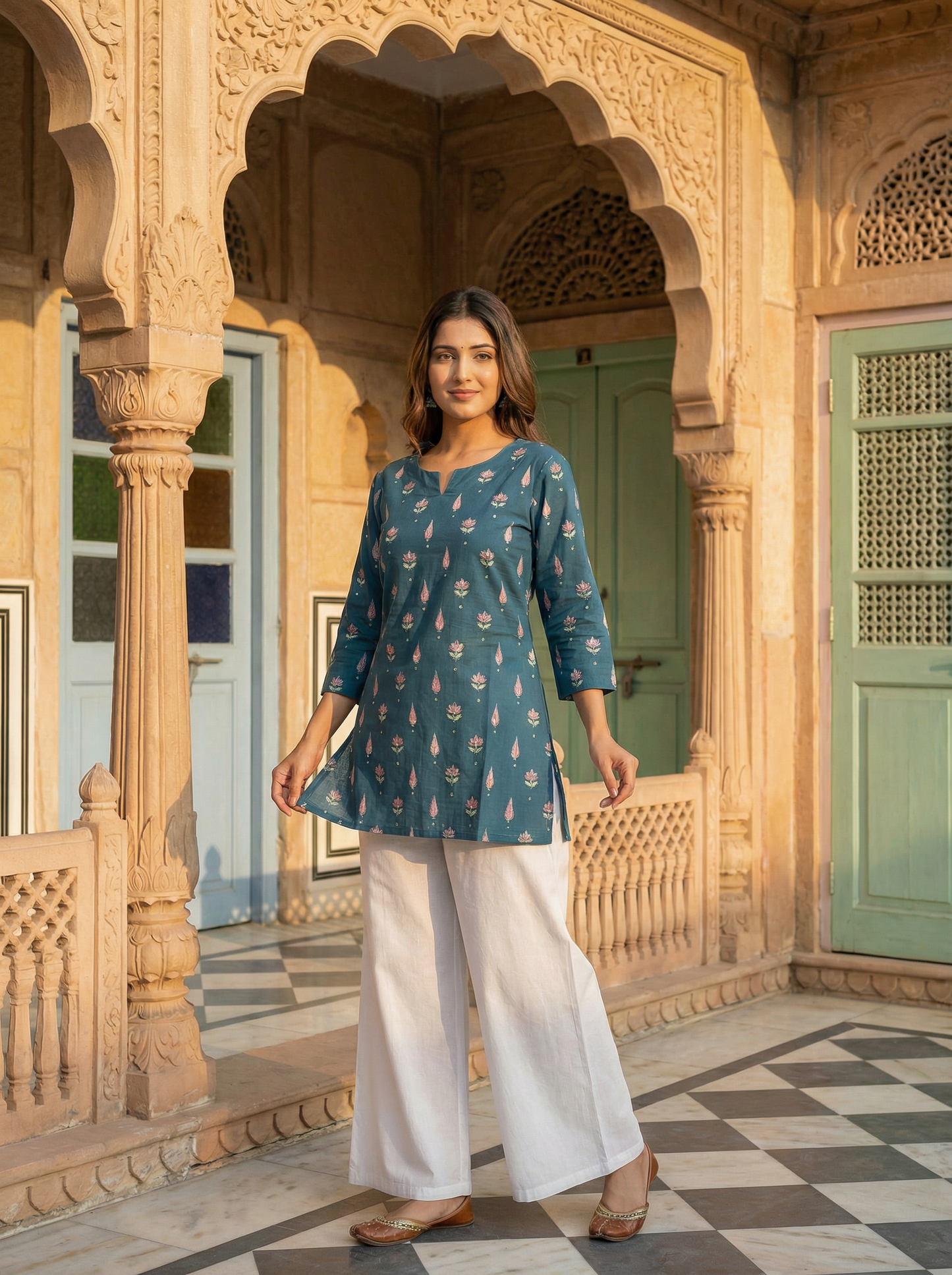 Teal Blue · Pink Tulip & Kalgi Butti · Pure Cotton · Short Kurti