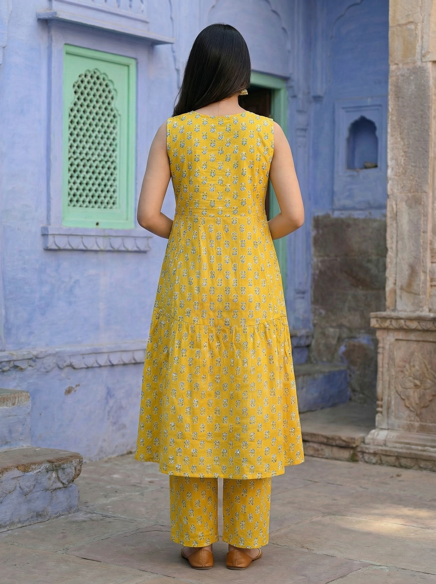 Sunshine Yellow Butti Block Print Tiered Anarkali Set