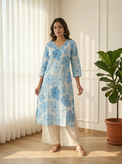 Blue Blossom Premium CottonEmbroidered Straight Kurta