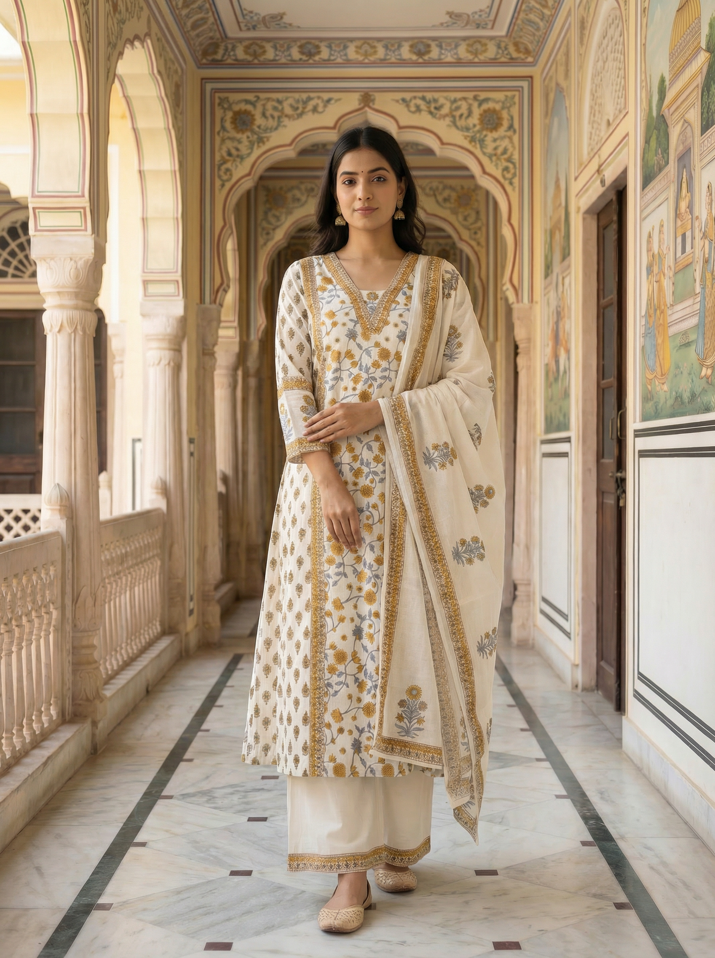 Ivory White Mustard Floral Block Print Suit Set
