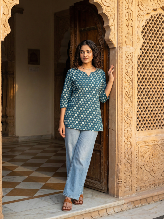 Teal Lotus Butti premium Cotton Short Kurti