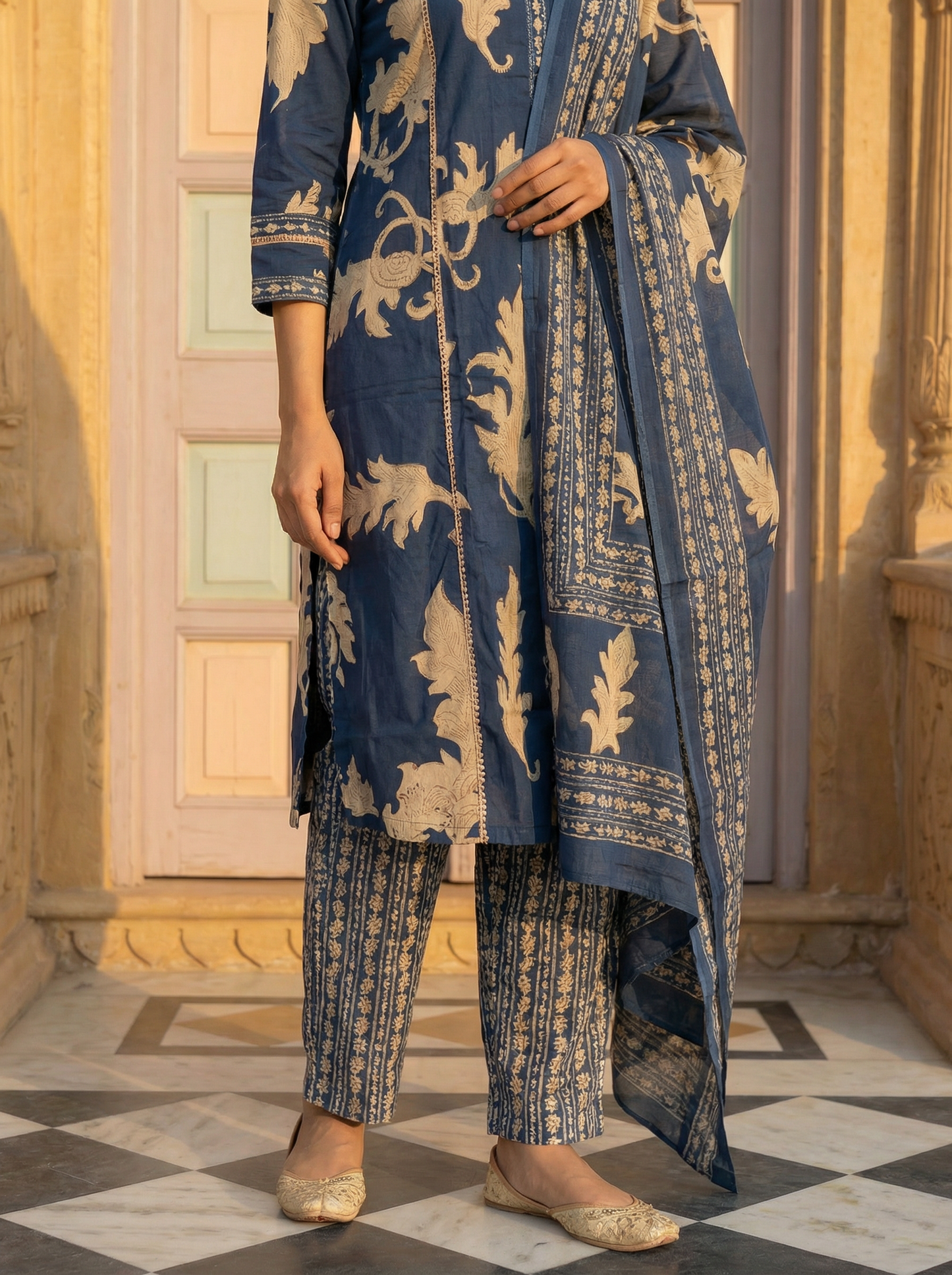 Slate Blue Gold Leaf Block Print Suit Set of 3 peices