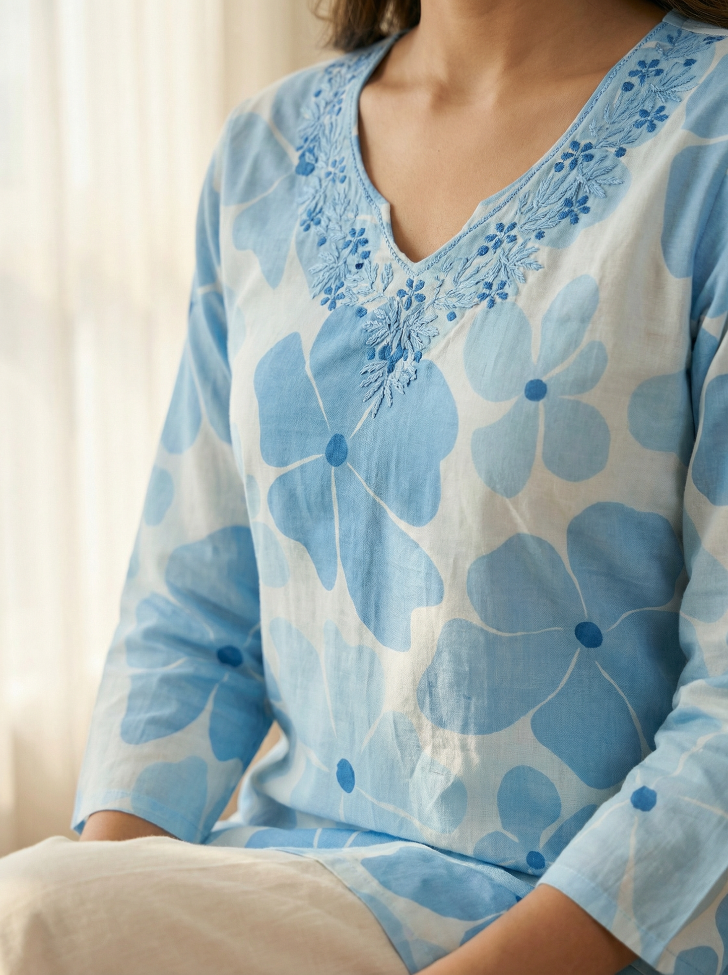 Blue Blossom Premium CottonEmbroidered Straight Kurta