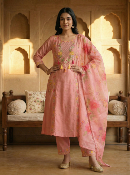 Blush Pink Embroidered Kurta Set with Floral Dupatta — 3 Piece | With front Embroidered Pockets