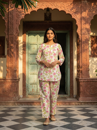 Ivory White Pure Cotton Floral Blush Block Print · 2-Piece Set