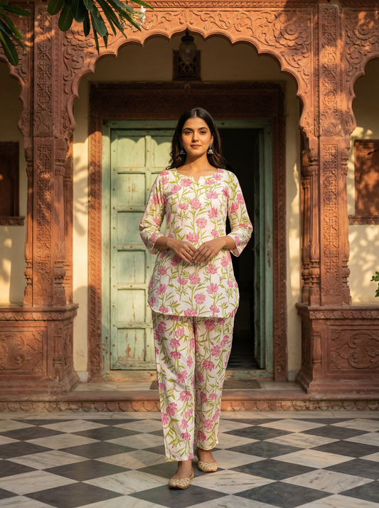 Ivory White Pure Cotton Floral Blush Block Print · 2-Piece Set