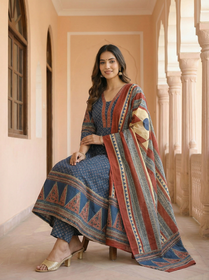 Indigo Ajrakh Anarkali Suit Set | 100% Pure Cotton Printed | Flared Anarkali Kurti + Straight Pant + Dupatta | 3-Piece Set