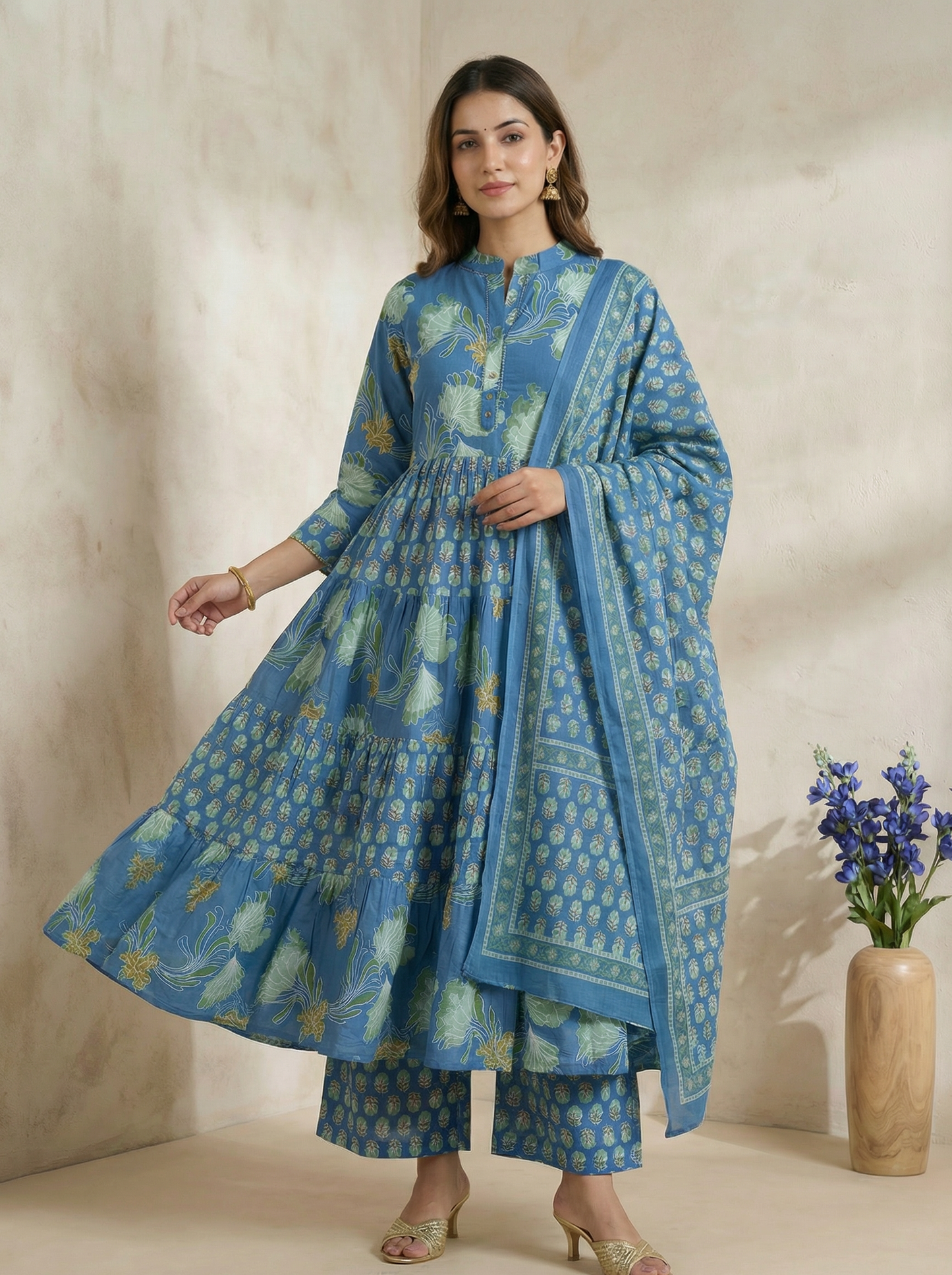 Soft Indigo Blue Floral Printed 100% Pure Cotton Anarkali Suit Set of 3 Pieces