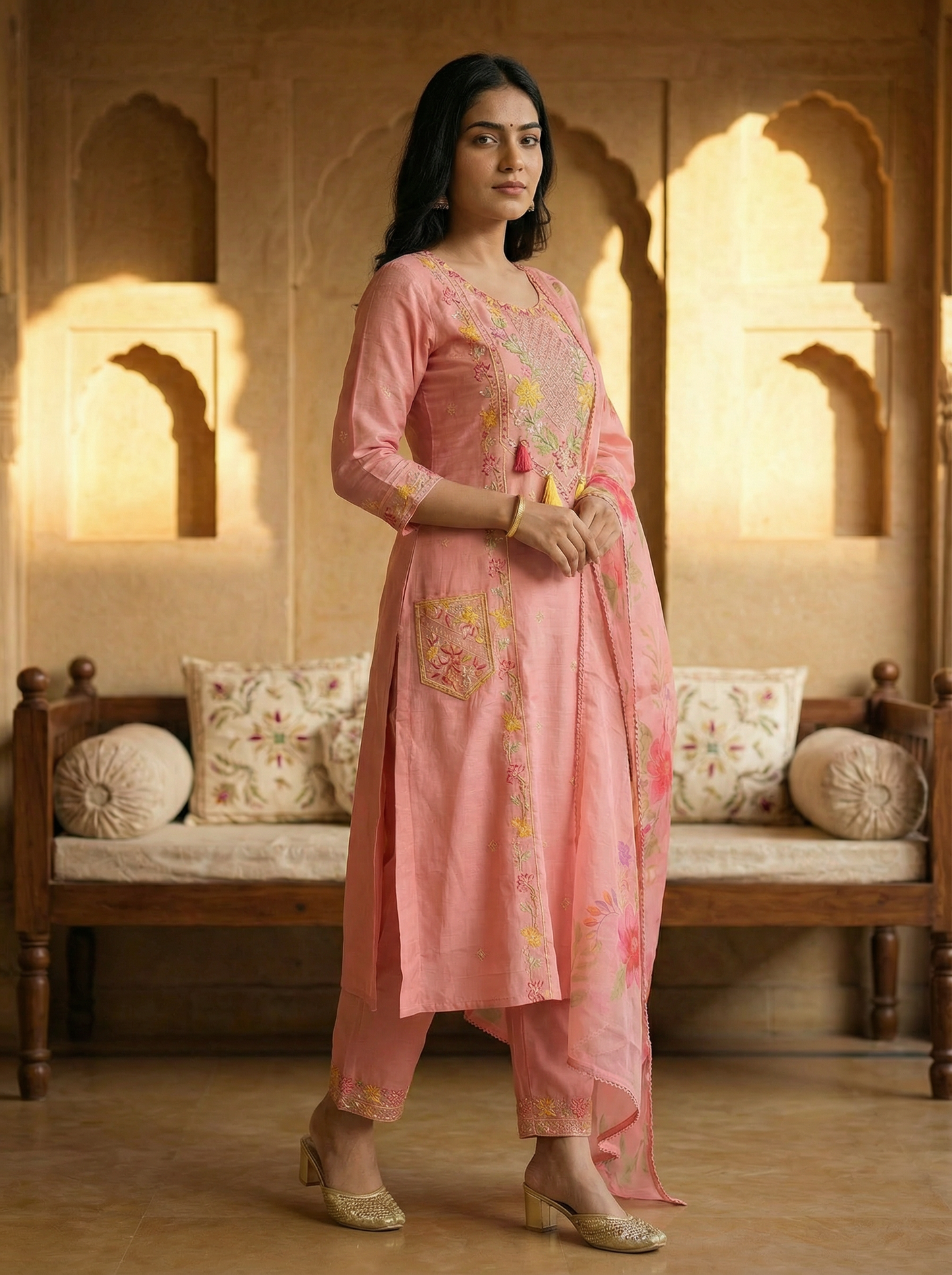 Blush Pink Embroidered Kurta Set with Floral Dupatta — 3 Piece | With front Embroidered Pockets