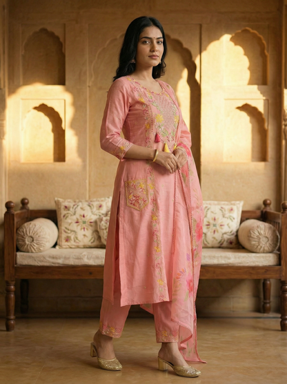 Blush Pink Embroidered Kurta Set with Floral Dupatta — 3 Piece | With front Embroidered Pockets