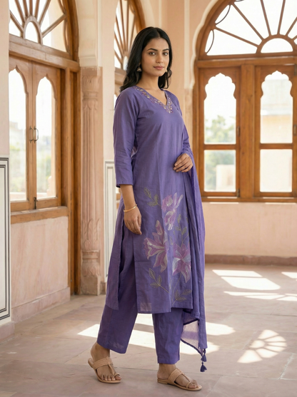 Purple Floral Embroidered Straight Suit Set | 100% Pure Cotton | Straight Kurti + Pant + Dupatta | Set of 3 Pieces