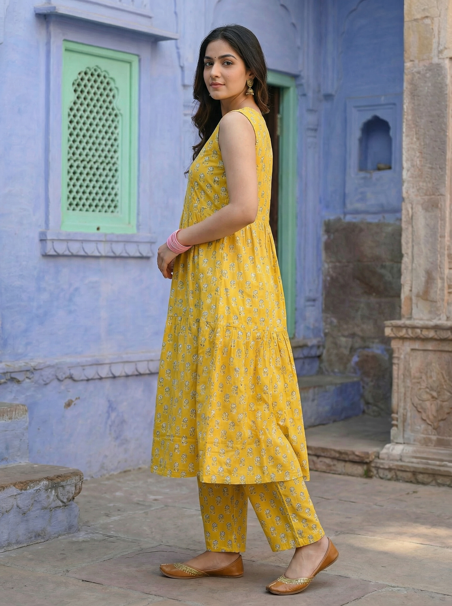 Sunshine Yellow Butti Block Print Tiered Anarkali Set