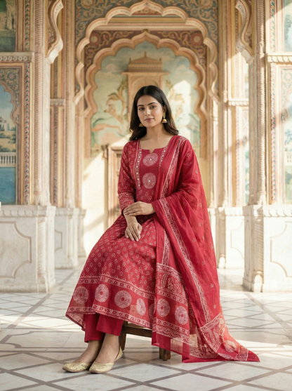 Crimson red Bandhani Print Anarkali Suit Set of 3 peices