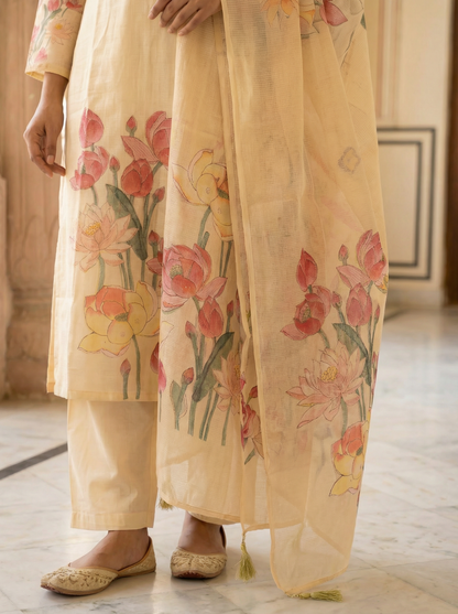 Ivory Gold kalamkari handblock Print Kota Doria Suit Set of 3 peices