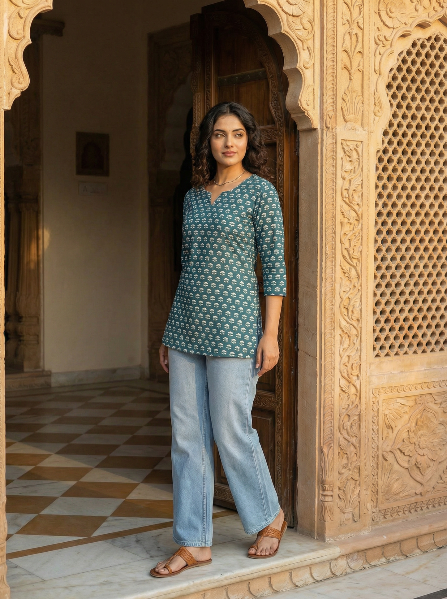 Teal Lotus Butti premium Cotton Short Kurti