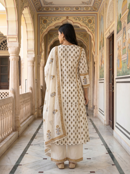Ivory White Mustard Floral Block Print Suit Set