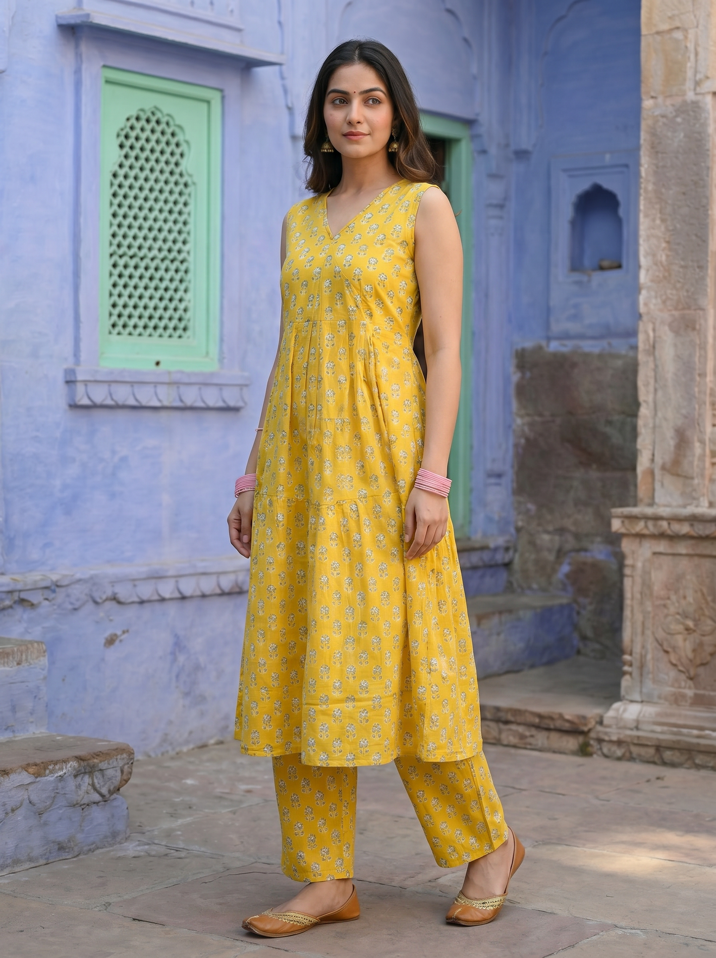 Sunshine Yellow Butti Block Print Tiered Anarkali Set
