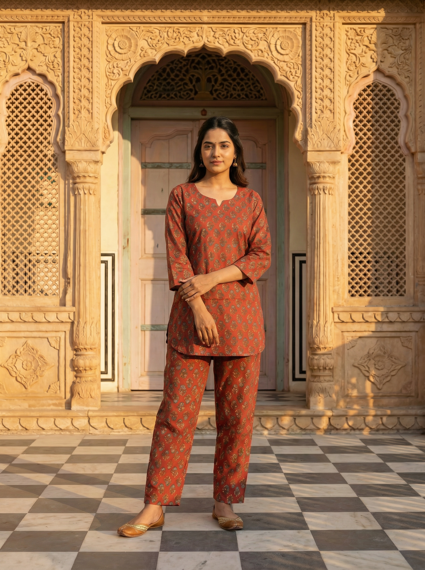 Soft Terracotta Mughal Leaf Butti Block Print Co-ord Set