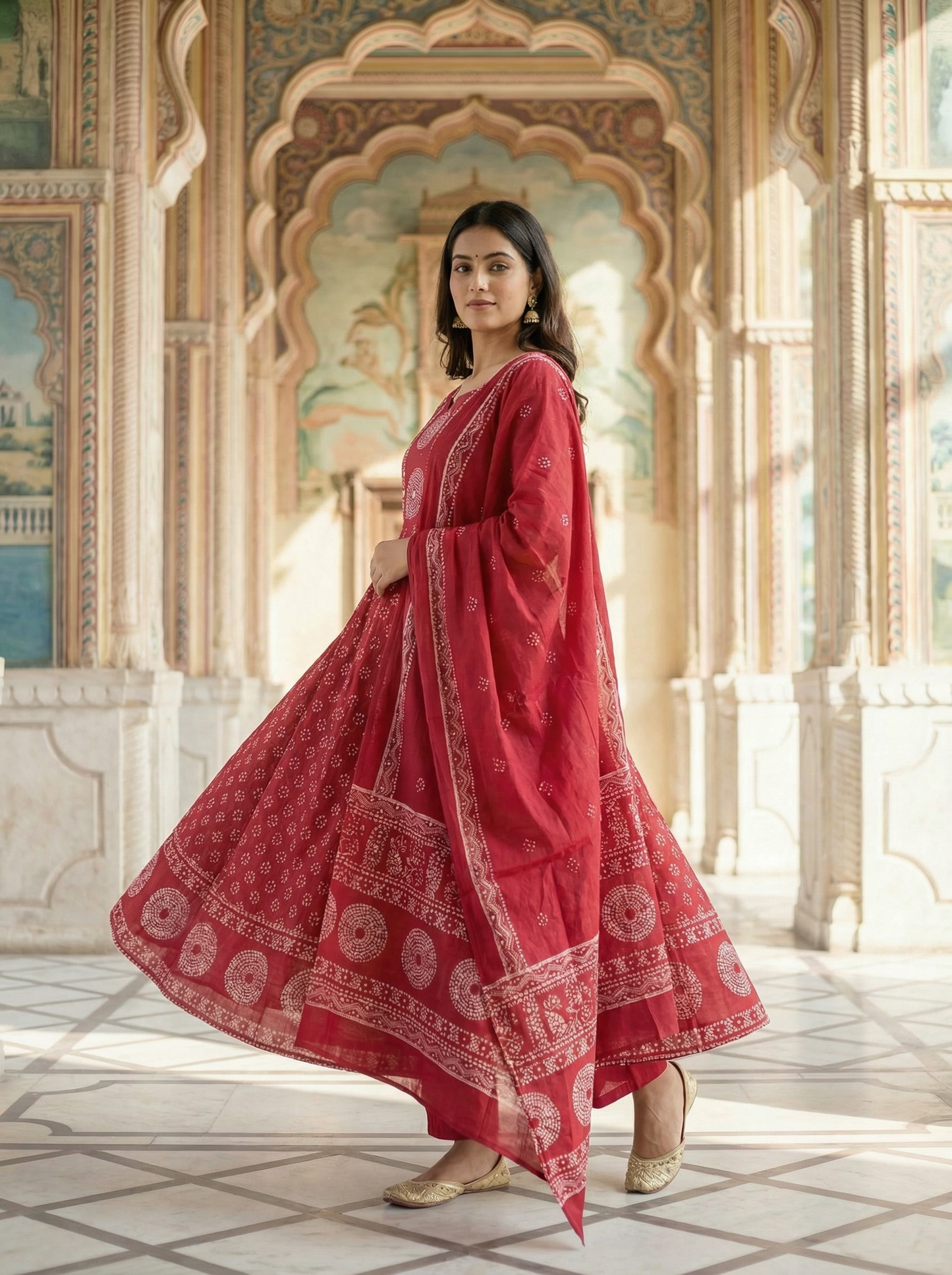 Crimson red Bandhani Print Anarkali Suit Set of 3 peices