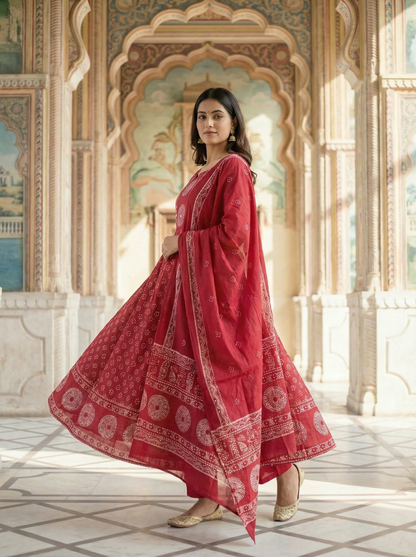 Crimson red Bandhani Print Anarkali Suit Set of 3 peices
