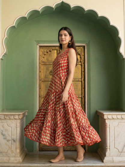 Soft Cambric Cotton Hand Block Floral Print Anarkali Kurti with Heavy Flare