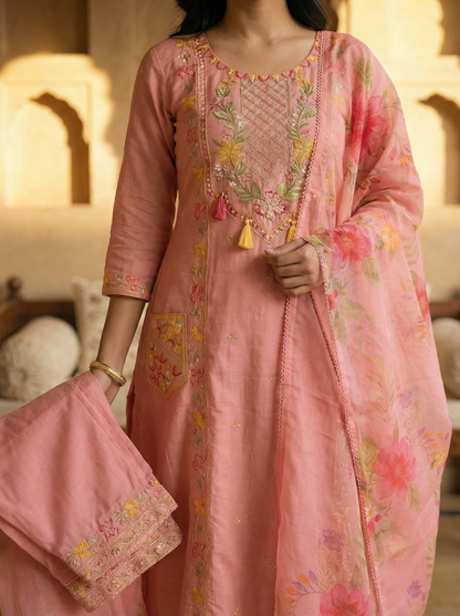 Blush Pink Embroidered Kurta Set with Floral Dupatta — 3 Piece | With front Embroidered Pockets